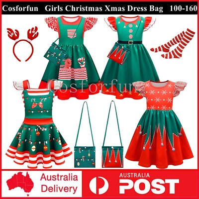 #ad Kids Girls Christmas Xmas Dress Red Santa Costume Fancy Dress Bag Headband Socks