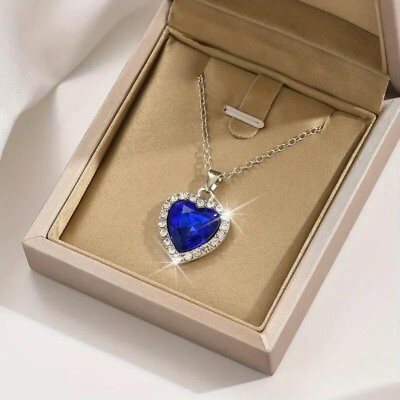 #ad Women Blue Heart Pendant Necklace Elegant Rhinestone Crystal Party Jewelry New