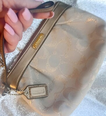 #ad 💥COACH WRISTLET SHIMMERING GOLD quot;Cquot; PRINT amp; TAN;Leather Small ZipCLEAN BAG🥳