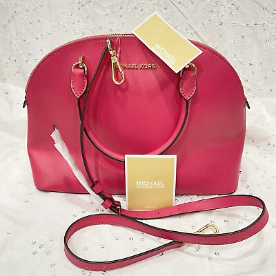 #ad NWT Michael Kors Emmy Electric Pink LG Dome Crossbody Satchel Handbag Leather