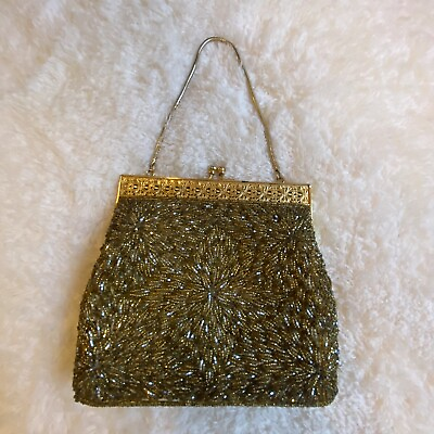 Vintage Gold Beaded Evening Clutch Bag Purse Made by Delill Kiss Clasp