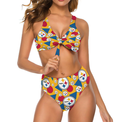 #ad 2pcs Steelers Pittsburgh Womens Bow Tie Bikini Printed Swimsuit， with Chest Pad