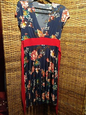 #ad Blue floral dress v neck with red waist