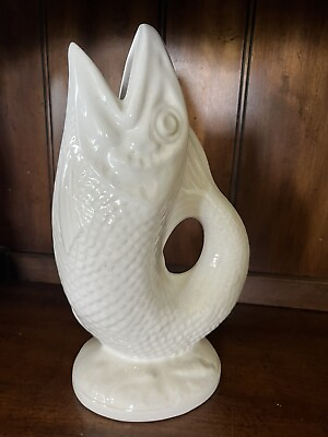 #ad Subtil Chinese Koi Fish Jug Vase White Porcelain Pottery Ceramic