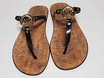 #ad MICHAEL KORS Black Jelly Cork Thongs Flat Sandals Flip Flop Gold US Size 11 42.5