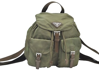 #ad Authentic PRADA Vintage Nylon Leather Backpack Purse Khaki Green 7331H