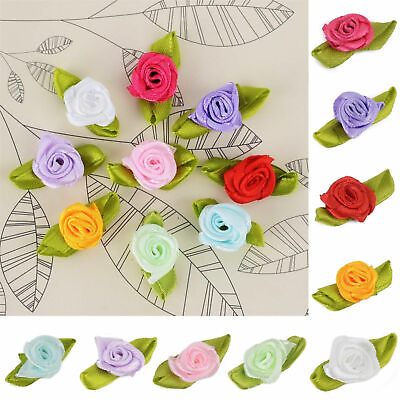 #ad 200 3000p 1quot; Small Satin Flower Ribbon Rose w Leaf Applique Sewing for DIY Craft