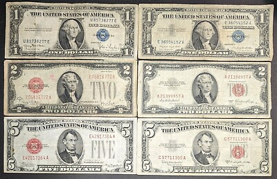 #ad U.S. Currency Lot Six Historic Notes Silver Certificates and Red Seals 012