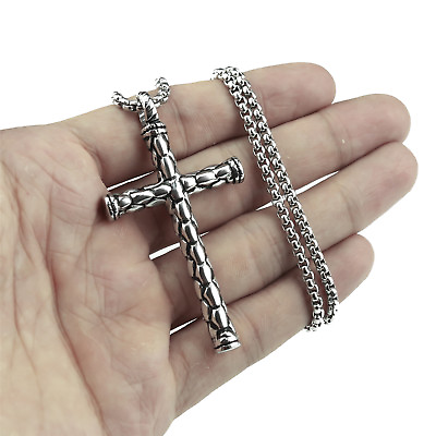 #ad Men#x27;s Silver Cross Solid 316L Stainless Steel Pendant Necklace Chain Religion