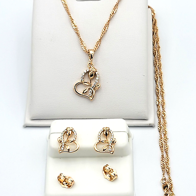 #ad 18K Gold Plated Heart Rose Flower Set Pendant * Chain * Earrings. Women Necklace
