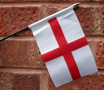 #ad ENGLAND ST GEORGE HAND WAVING FLAG small 6quot; x 4quot; with 10quot; pole ENGLISH 3 LIONS
