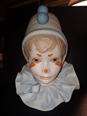 #ad Brilliant Cybis Young Child Clown Porcelain Head W Wood Base Aprox: 10 inchs.