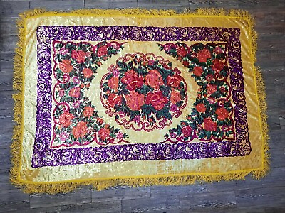 #ad Vintage Wedding Velvet Bedspread Floral Yellow Tablecloth Boho Italian Carpet #8