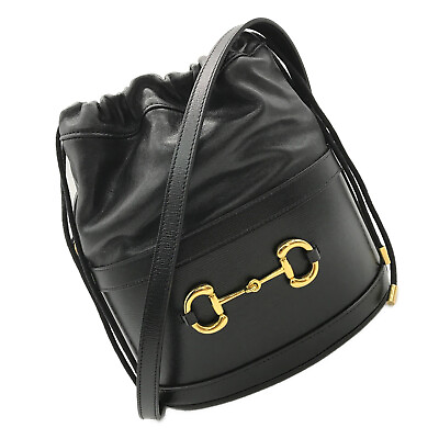 #ad GUCCI Horsebit 1955 Drawstring Bucket Bag Black Leather 602118 Authentic