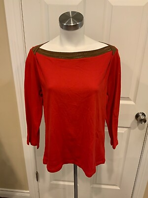 #ad Lauren Ralph Lauren Red Long Sleeve Boatneck Top W Brown Lace Trim Size XL NWT