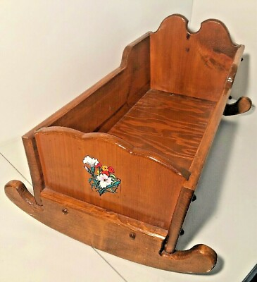 #ad 22quot; Cradle Handmade Wooden Rocking Baby Doll Bed Crib Rocker Pine Vintage Flower