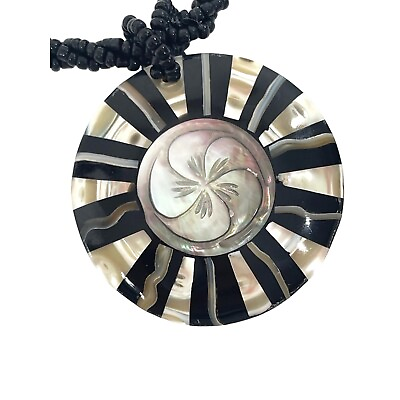 #ad Abalone Medallion Shell Necklace Mother of Pearl Black Beads 18” Round Flower
