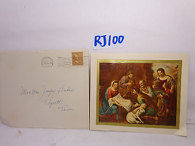 #ad VINTAGE CHRISTMAS CARD ENVELOPE STAMP 1947 40#x27;S PARTY MARY JESUS JOSEPH