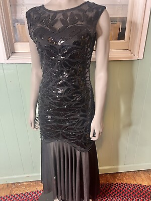 #ad Evening Black Gown Sequins Accent Sheer 90’s Theme