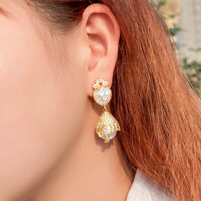 #ad Luxury Gold Plated Zircon Pearl Dangle Drop Earrings Women Bridal Party Jewelry