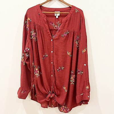 #ad Fig And Flower Womens Floral Embroidered Tunic Top 3X Reddish Brown Roll Tab