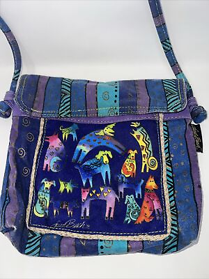 #ad Laurel Burch Purse Handbag Dogs Purple 10quot; x 9quot;