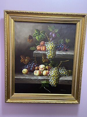 #ad Still Life Painting Grapes amp; Fruit On Table Signed And Framed