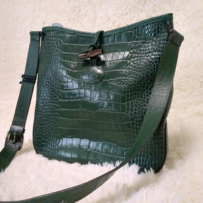 #ad Vintage Longchamp Leather Shoulder Bag Crossbody Green Croco Embossed