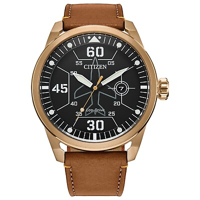#ad Citizen Eco Drive Avion Weekender Men#x27;s Brown Leather Watch 45MM AW1733 09E