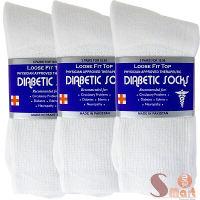 #ad 3 12 Pairs Health Circulatory Crew Cotton Diabetic Socks White 9 11 10 13 13 15