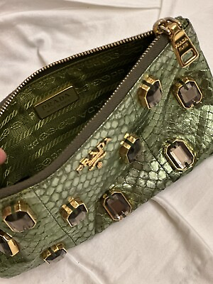 #ad Prada Authentic RARE Python Leather Metallic Green Clutch Pouch Bag Jeweled