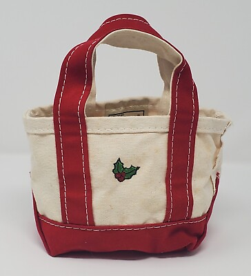 #ad Vintage LL BEAN Boat amp; Tote Canvas Mini Tote Bag 5x8quot; Christmas Holly Purse Red