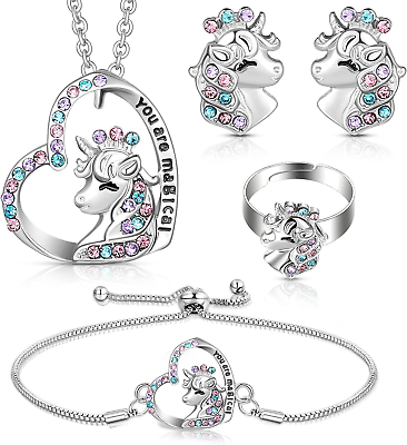 #ad Herdear 4 Pcs Girls Unicorn Jewelry Set Unicorn Necklace Bracelet Ring Stud for