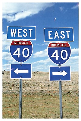 #ad West East Interstate 40 Signs Chrome WOB Postcard Posted