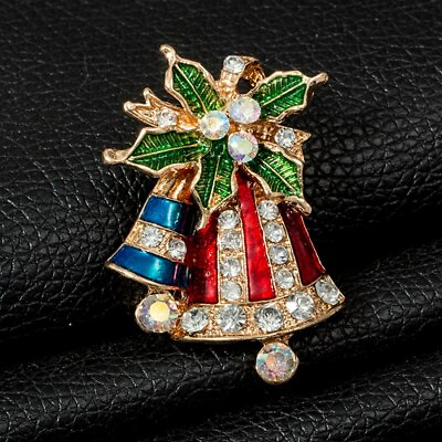 #ad Holly and Bells Crystal Rhinestone Christmas Brooch Pin with Gold Bag VIDEO
