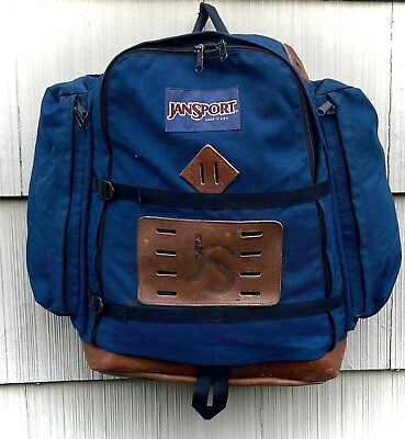 #ad Vintage ‘90s Dark Blue JanSport Leather Bottom Backpack Day Pack Made in USA