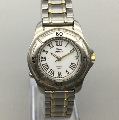 Vintage Timex Indiglo Watch Women Silver Gold Tone Date Round New Battery 6.75quot;