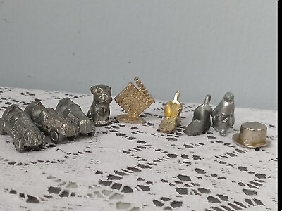 #ad 9 Mini Monopoly Pieces Pewter Figurines Game Pieces Dog Car Hat Hollywood Lot