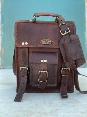 #ad Men#x27;s Goat Vintage Handbag Brown Leather Crossbody Messenger Genuine Real Bag