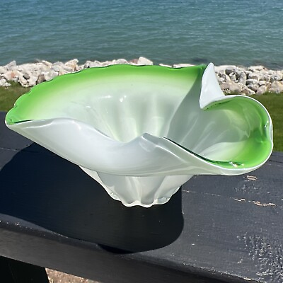 #ad Vintage MCM Art Glass Cased White And Green Bowl Dish over Fold organic shape
