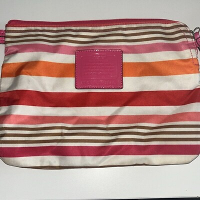 #ad Coach Multi Color Striped Make Up Cosmetic Bag Case