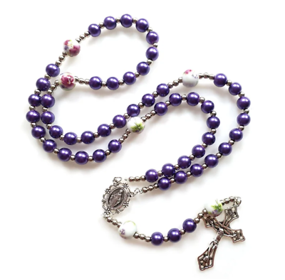 #ad NEW Purple Pearl with Floral Our Father Glass Beads Rosary Catholic Women Girl