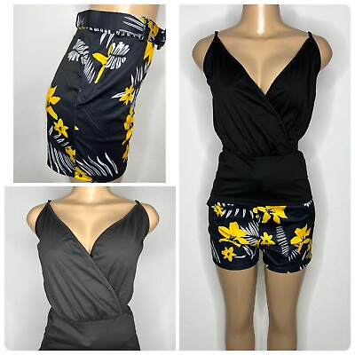 #ad New Black and Yellow Women Set Size L Short with belt and Pockets Wrap Top
