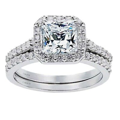 #ad 2 Pcs Womens Princess Cut 925 Sterling Silver Bridal Wedding Engagement Ring Set