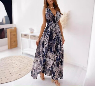 #ad Women#x27;s Sexy Long Floral Printed Backless Deep V neck Tie strap Dress Summer