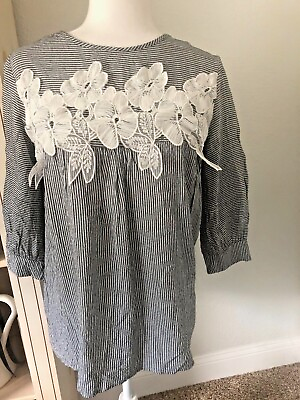 #ad New PIPER amp; SCOOT S Black Pinstripe Embroidered LACE TOP Tunic Blouse 3 4 1