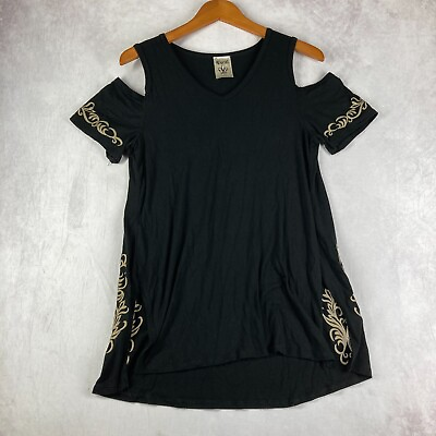 #ad Vocal Tunic Top Womens Large Black Cold Shoulder Short Sleeve Embroidered A Line