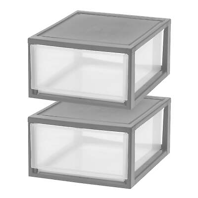 #ad 30 Qt. Large Plastic Stackable Storage Drawers Modular Gray Clear Set of 2