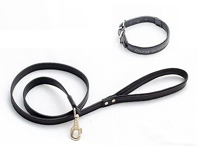 #ad Personalized Black Large Leather Dog Collar And Leash Set Custom Gift For Dog