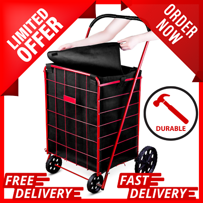 #ad Folding Grocery Basket Shopping Wheels Cart Large Utility Laundry Just Lining...